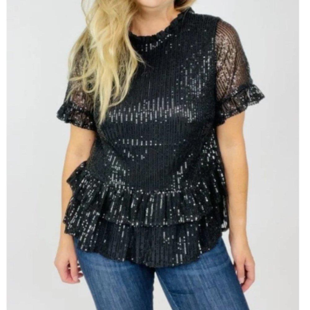 ANDREE Black Sequin Baby Doll Top Size Med